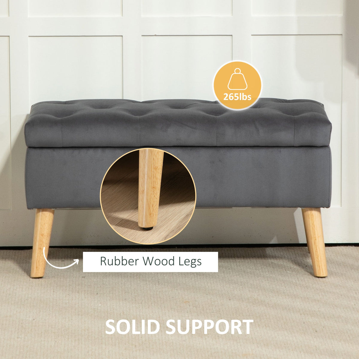 Storage Ottoman with Lid, Velvet Upholstered Storage Bench with Wood Legs for Living Room, Black