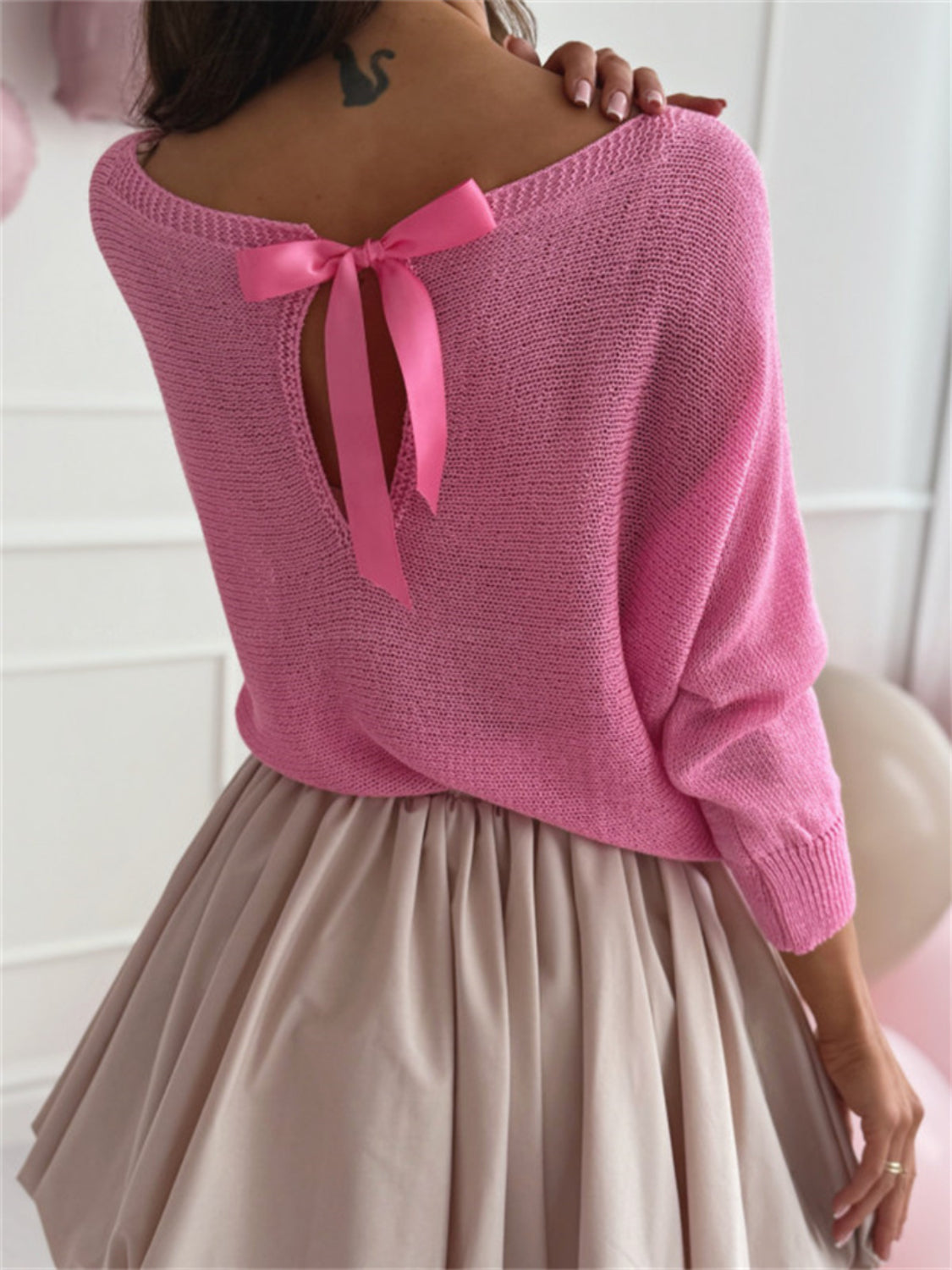 Bow Back Boat Neck Batwing Sleeve Sweater