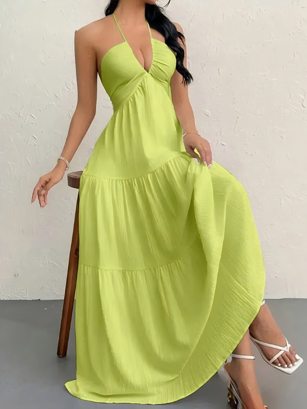 Backless Halterneck V-Neck Pleated A- Line Dress Women's Clothing One-Piece Dress Ankle-length Skirt For Beach Vacation Outfits