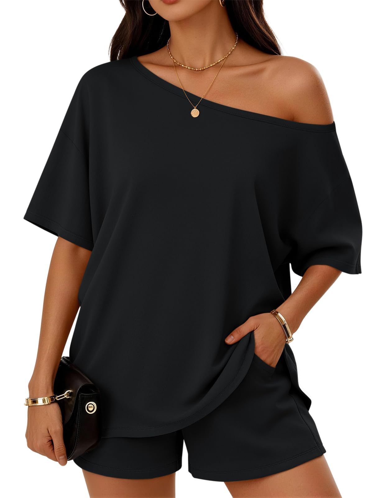 Womens 2-piece Fashionable Casual Set Slant-Neck Top And Shorts For Loungewear Daily Wear Work Gym Outfit