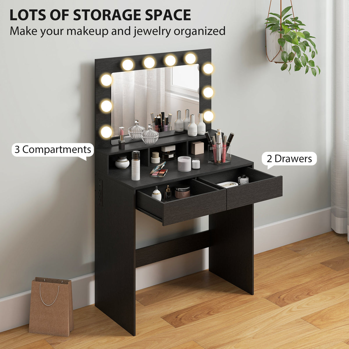 Vanity Table, Makeup Dressing Table with LED Lighting Mirror, Drawers, for Bedroom, Black