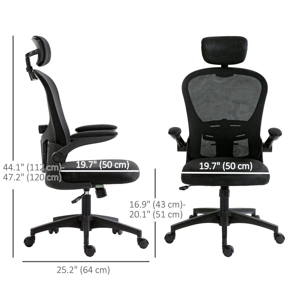 Office Chair, Mesh Computer Desk Chair with Adjustable Headrest, 4D Lumbar Support, Flip-up Arm, Grey