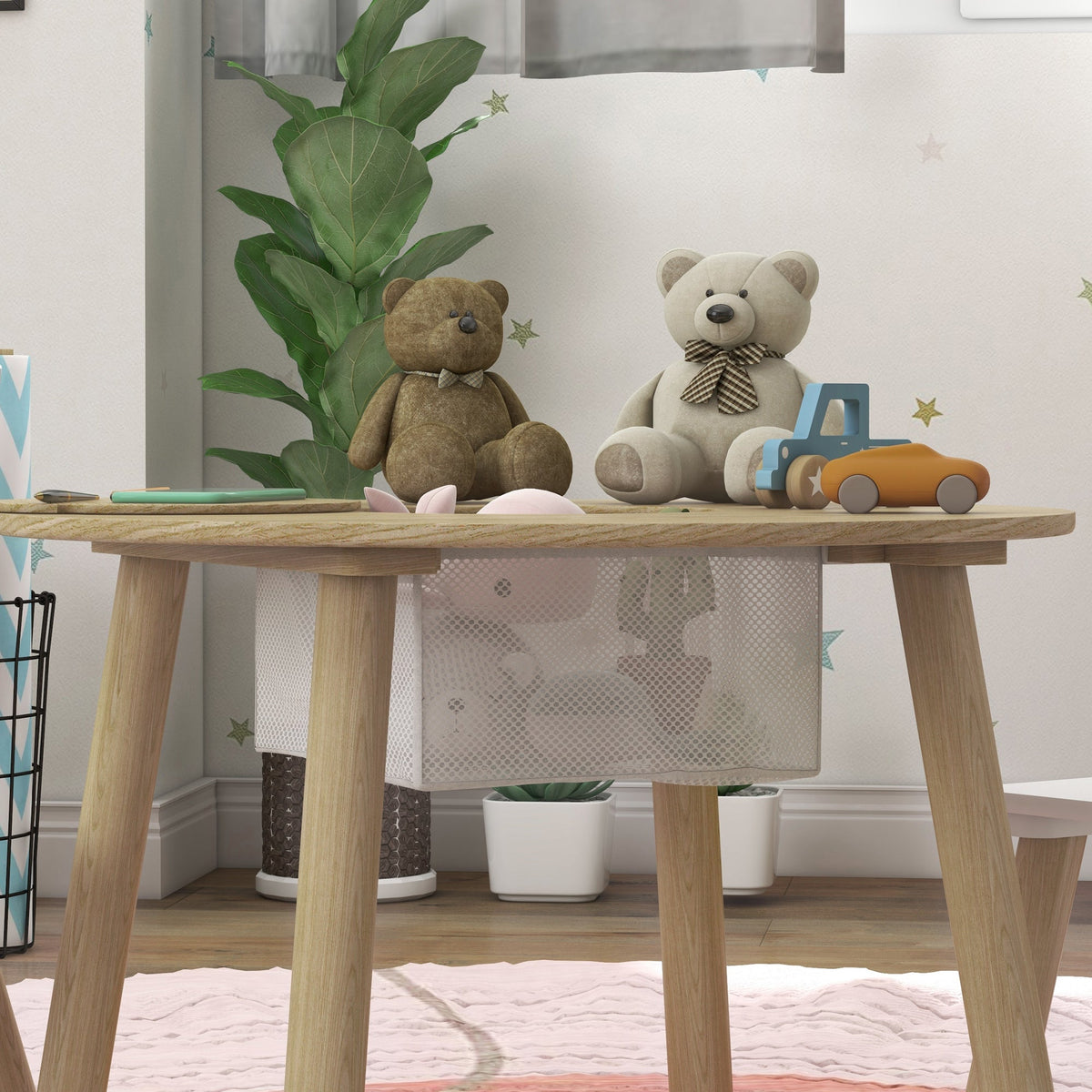 3 Pieces Kids Table and Chair Set, Activity Table and Chair Set with Bear-Shaped Chairs, Mesh Bag