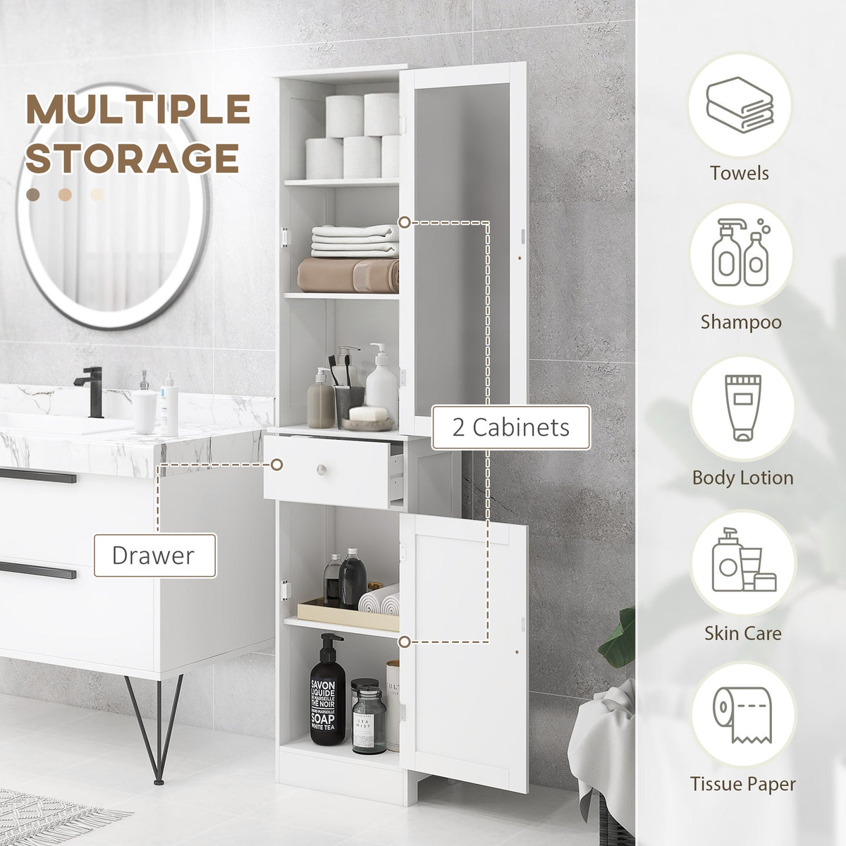 Tall Bathroom Cabinet, Bathroom Storage Cabinet with Drawers, 2 Doors and Adjustable Shelves, White