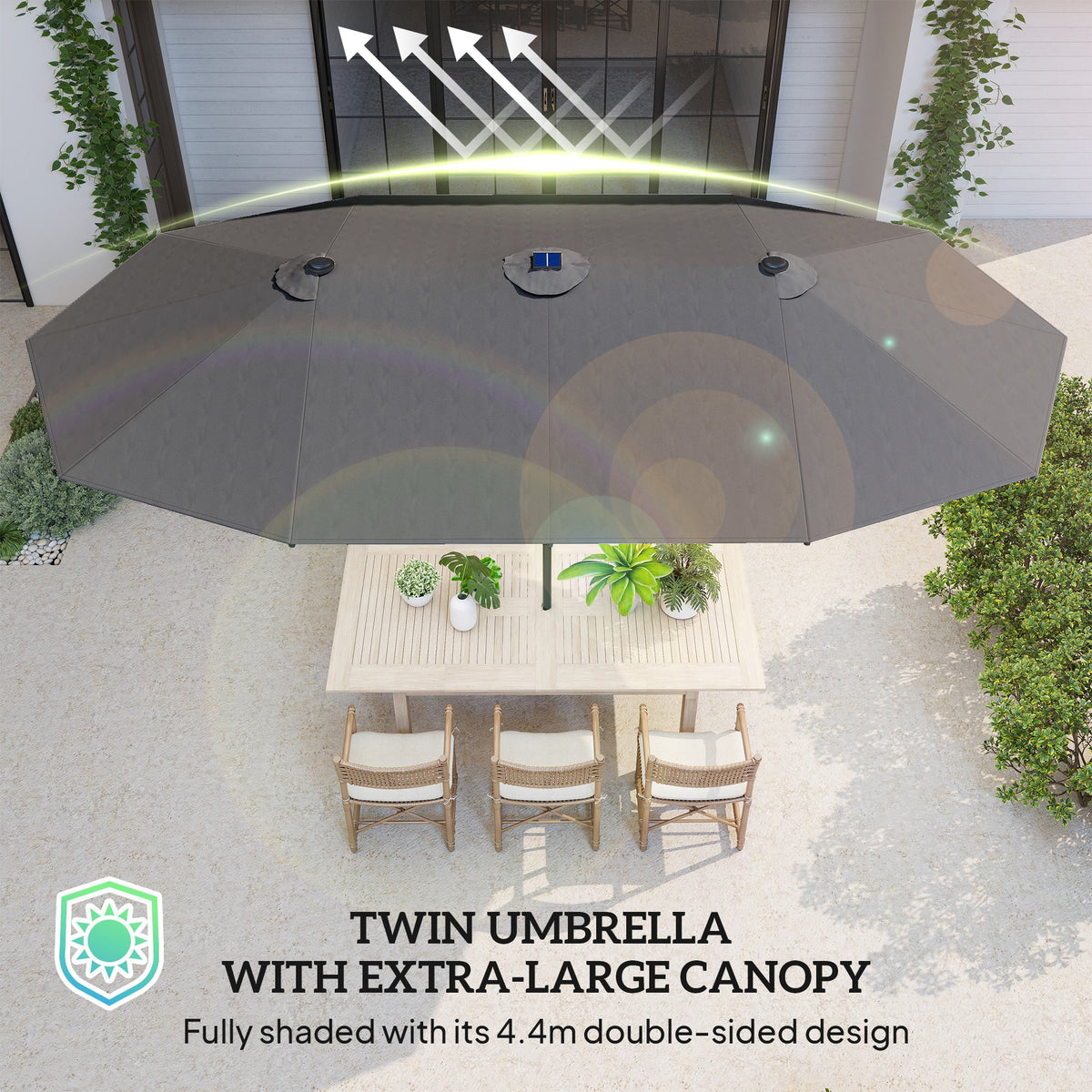 174" Double-Sided Sun Umbrella Garden Parasol Patio Sun Shade Outdoor with LED Solar Light, Khaki