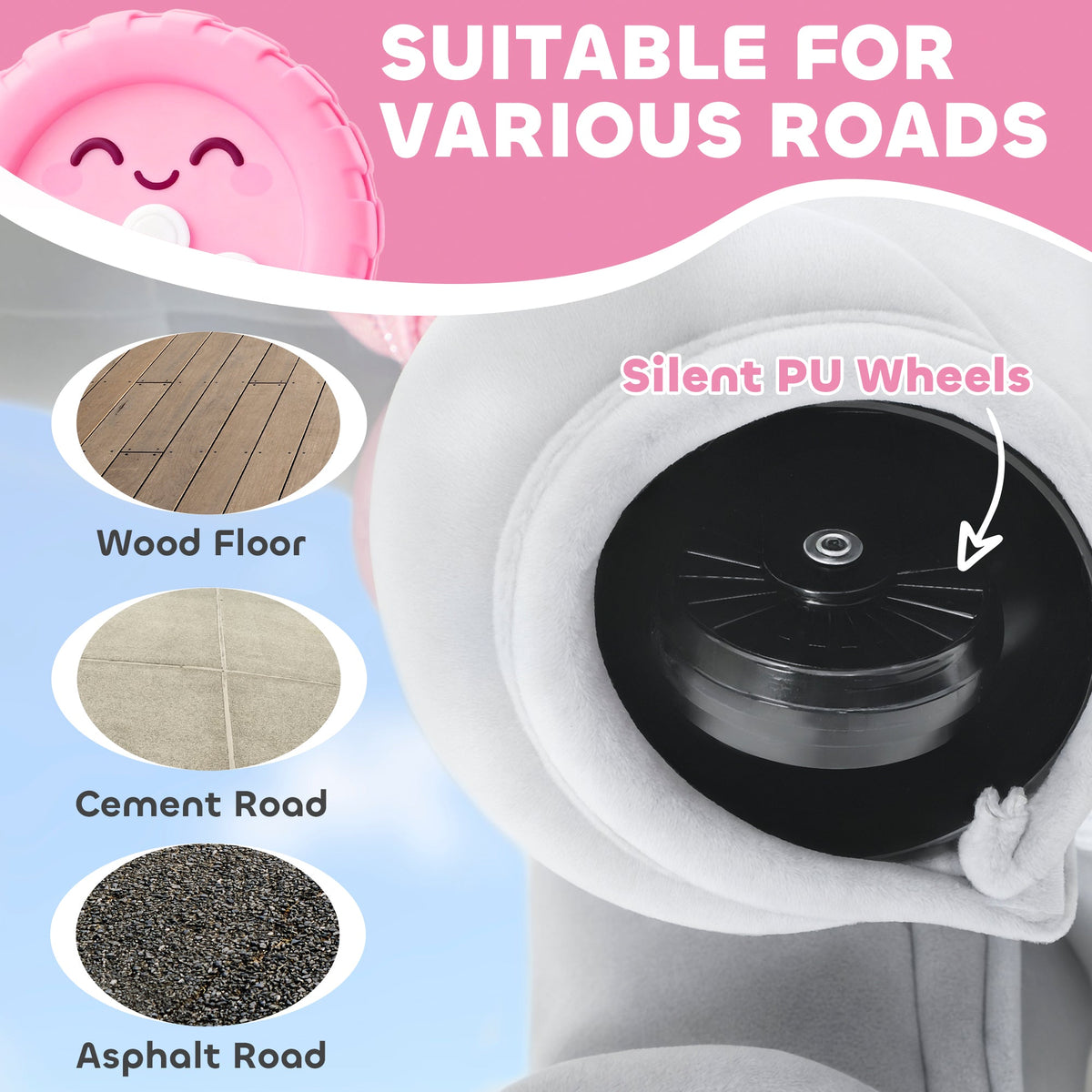6V Kids Ride on Toy, Ride on Horse Elephant with Music, Soft Touch, Silent PU Wheels, Forward, for 1.5-5 Years