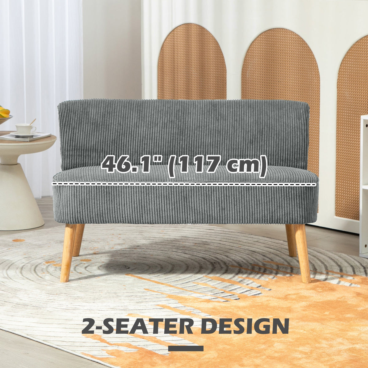 Modern 2 Seater Sofa, Upholstered Two Seater Couch with Rubber Wood Legs, Cream White