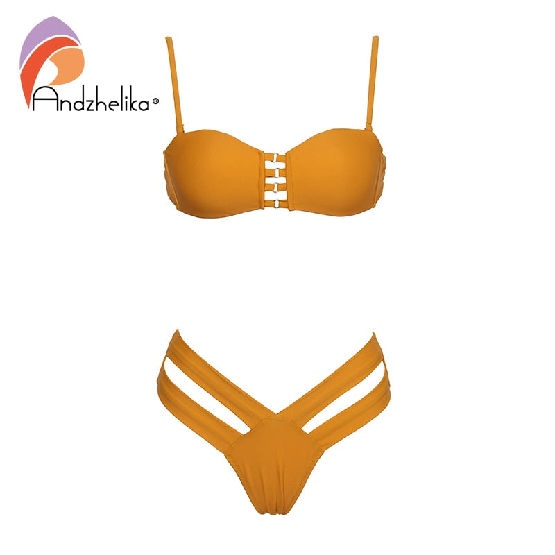 Andzhelika Sexy Yellow Bandeau Bikini Women Swimsuit Bandage Bikini Set Low Waist Brazilian Beach Bathing Suit Swimwear Monokini