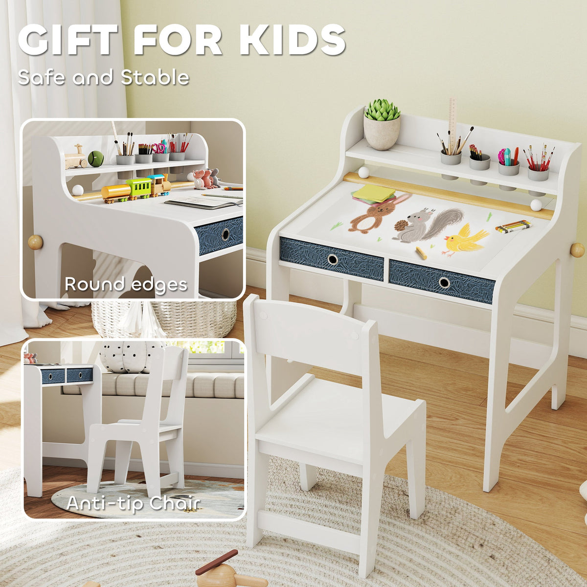 Kids Study Table and Chair Set, Art Desk and Chair Set with Storage Shelf and Drawers for 3-8 Year Old