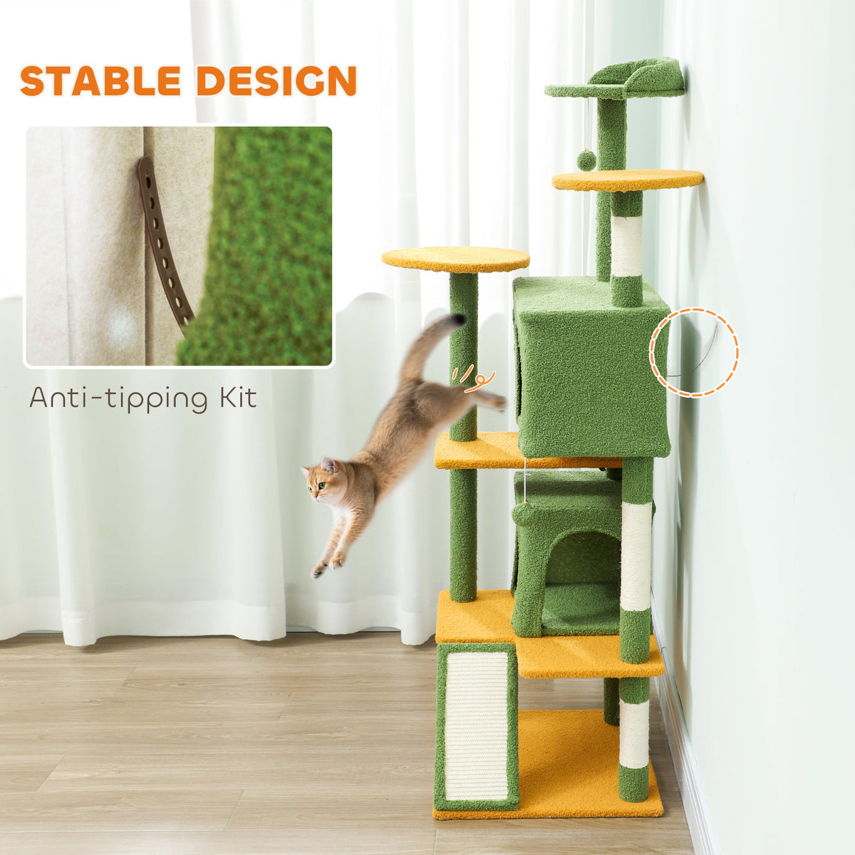 54" Cat Tree, Multi-Level Cat Tower with Scratching Posts, Cat Condos, Bed, Platforms, Ramp, Toy Ball, Beige