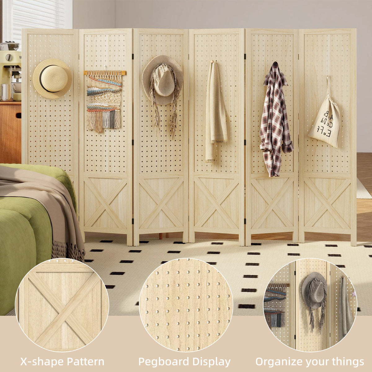 4.7' 3 Panel Wooden Room Divider with Pegboard Display, Folding Privacy Screen for Home Office, Natural