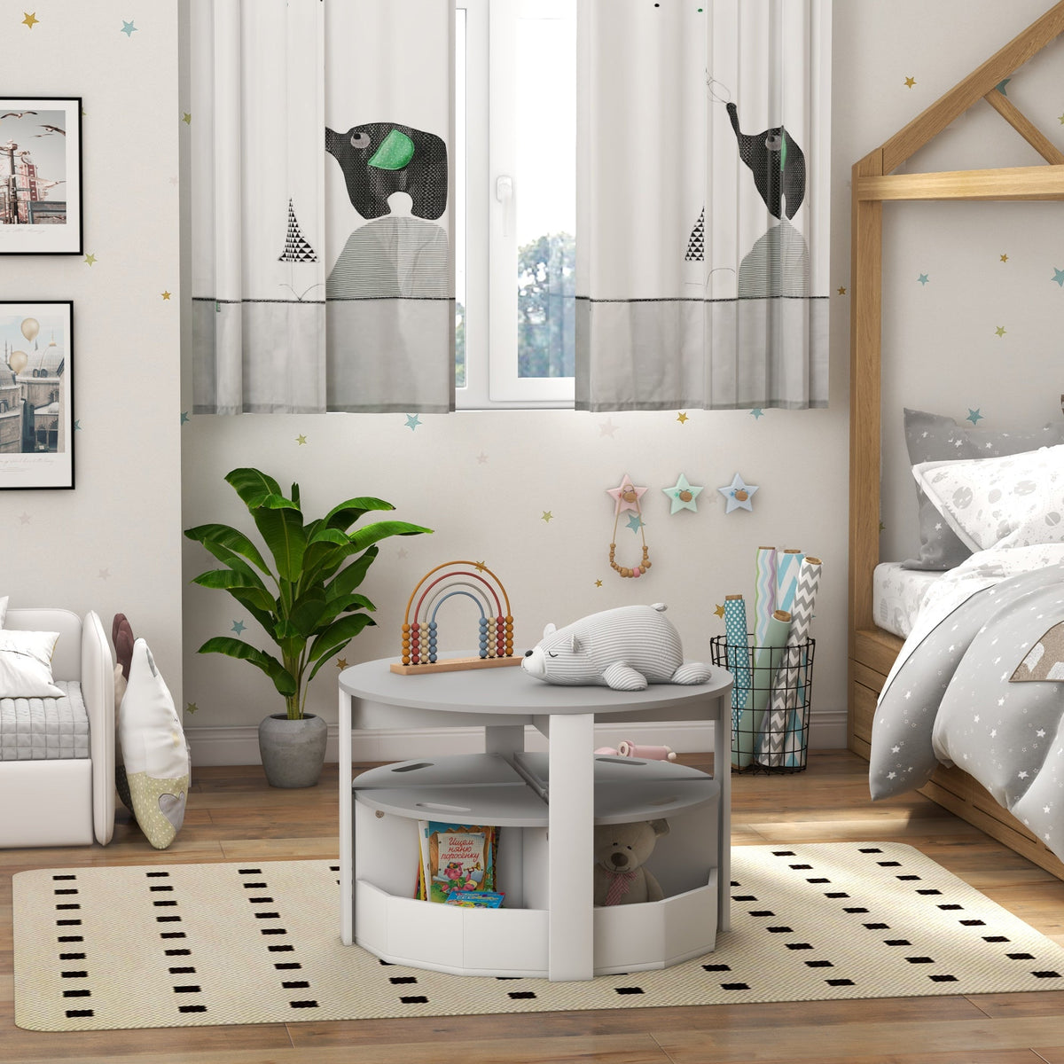 5 Piece Kids Table and Chair Set with Storage for Kids Room, Grey