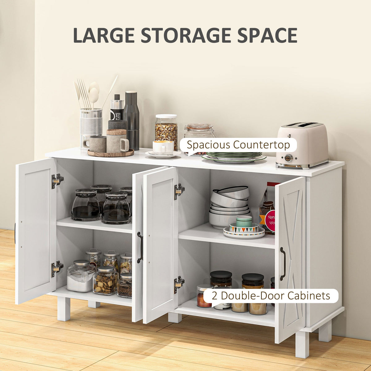 Kitchen Sideboard Cabinet with 4 Barn Doors and 2 Adjustable Shelves, Buffet Table for Living Room, Hallway, Black