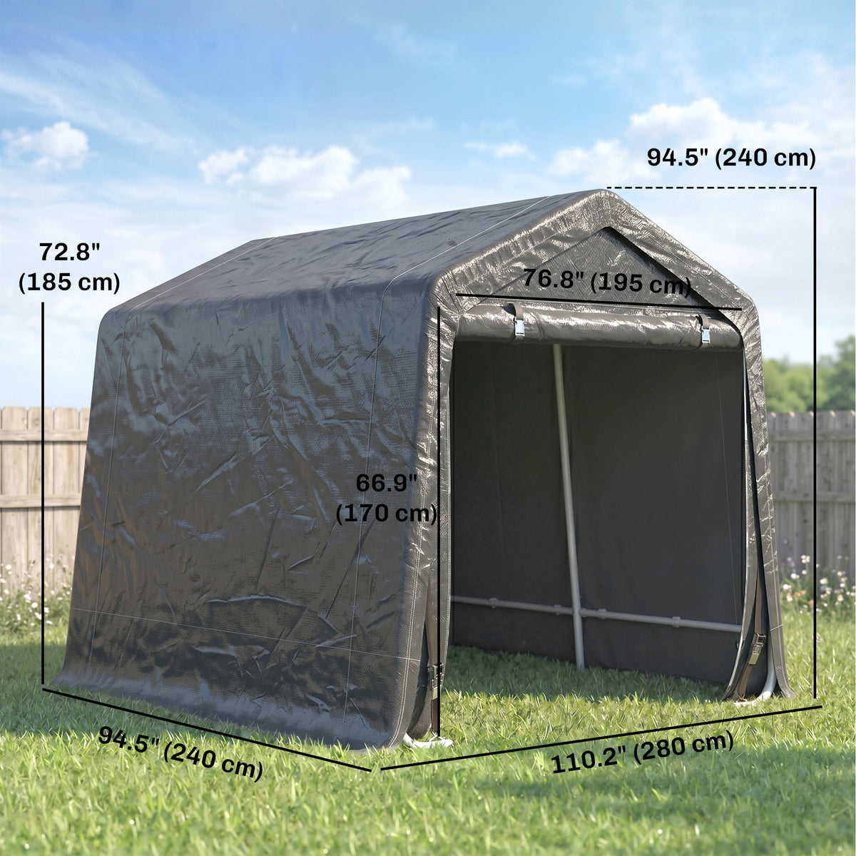 7.9' x 6.6' Garden Storage Tent, Patio Storage Shelter w/ Metal Frame and Double Zipper Doors, Dark Grey