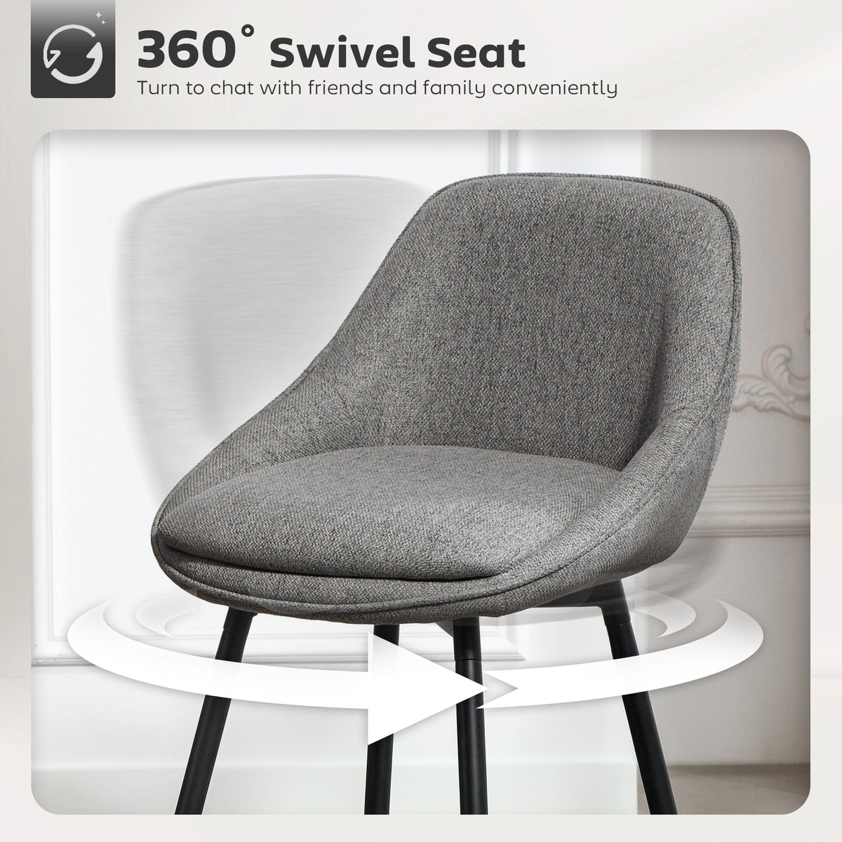 26" Counter Height Barstools Set of 2, Upholstered Swivel Bar Stools with Backrests and Armrests, Dark Grey