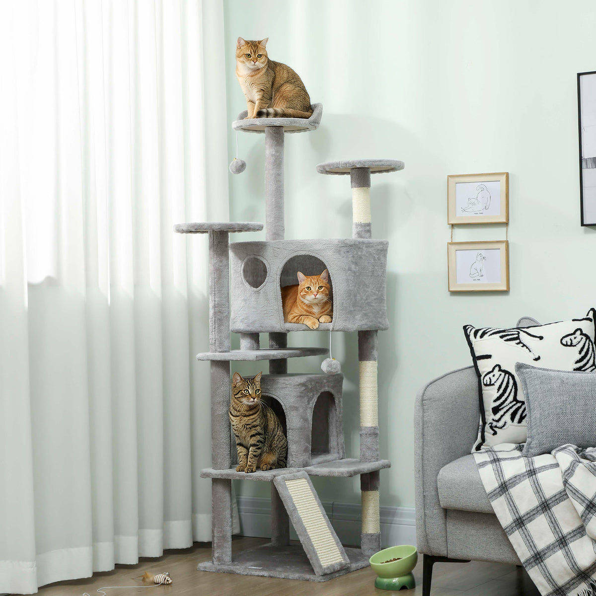54" Cat Tree, Multi-Level Cat Tower with Scratching Posts, Cat Condos, Bed, Platforms, Ramp, Toy Ball, Beige