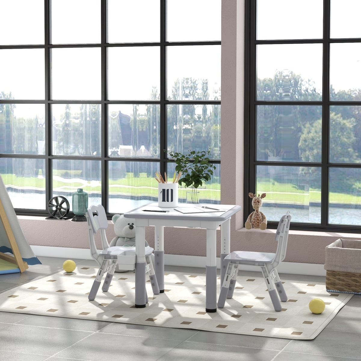3 Pieces Toddler Table and Chair Set, Height Adjustable Kids Table and Chair Set w/ Storage, for Playroom Grey
