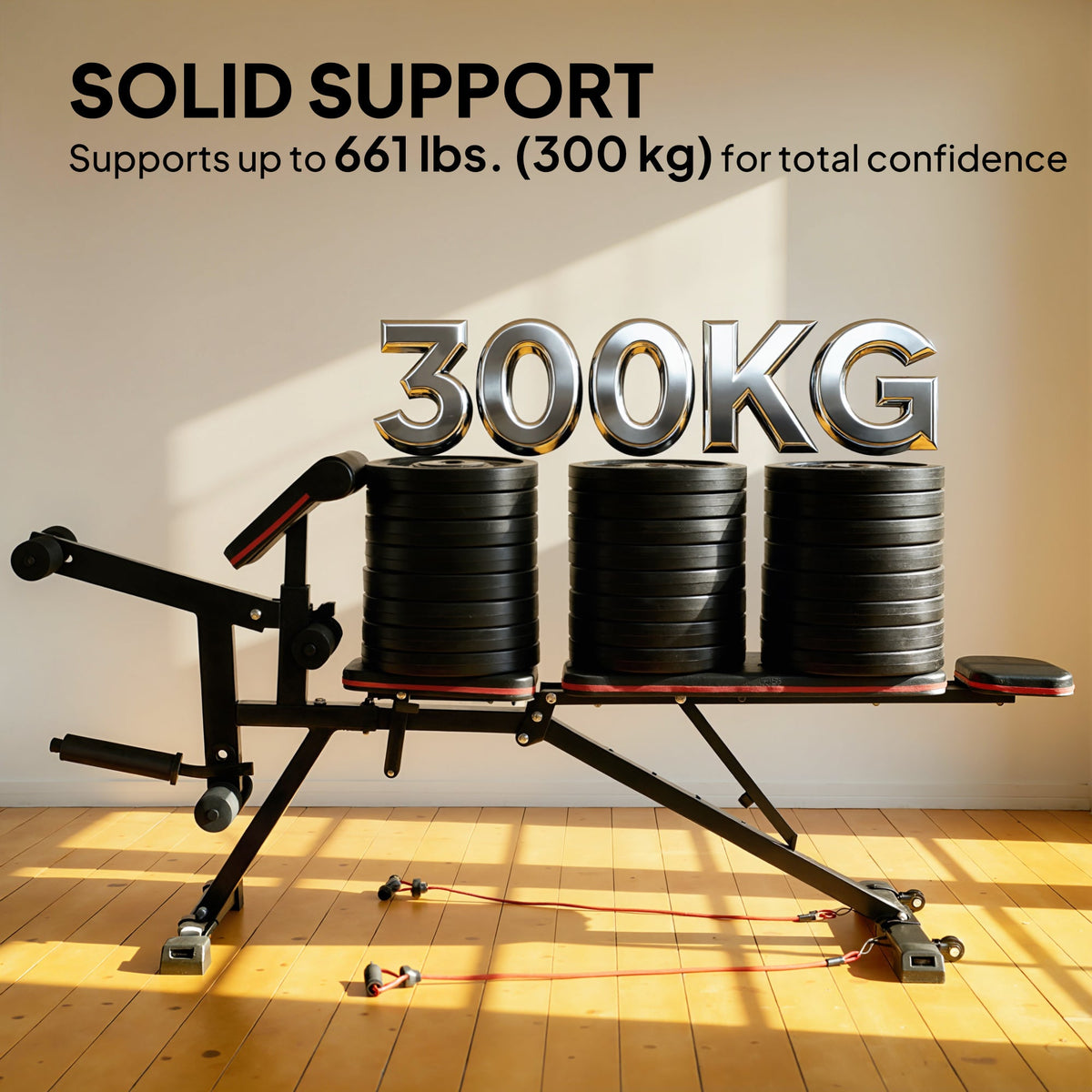 Adjustable Weight Bench with Wheels, Load 660LBS Workout Bench with Leg Extension, Preacher Curl and Resistance Bands
