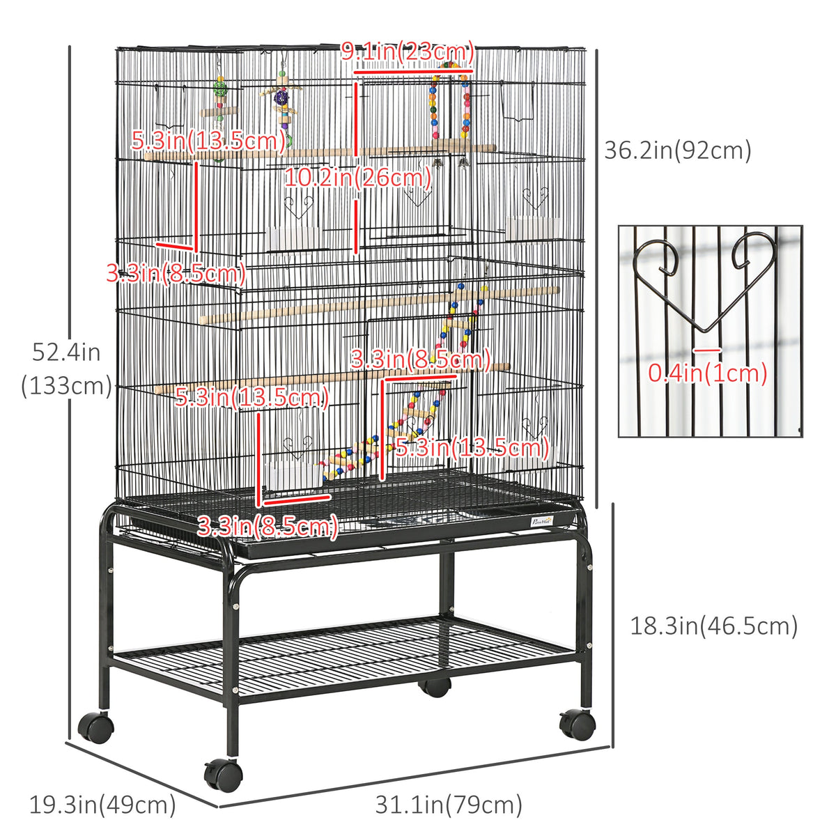 52" Bird Cage with Rolling Stand, Toys, for Budgies Canaries Black