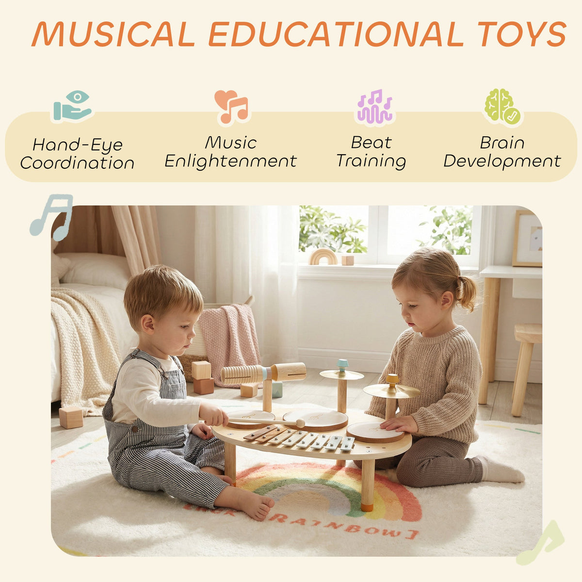 Toddler Drum Set, 4-in-1 Musical Instruments for Kids 2+, Gifts for Girls Boys Birthday, Natural Wood