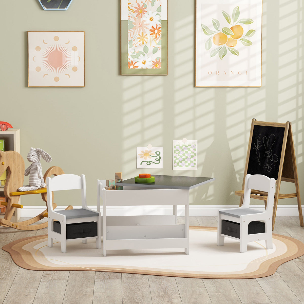 3 Piece Kids Table and Chair Set with Reversible Tabletop, Blackboard, Storage, Bookshelf, for Playroom, Nursery, Grey