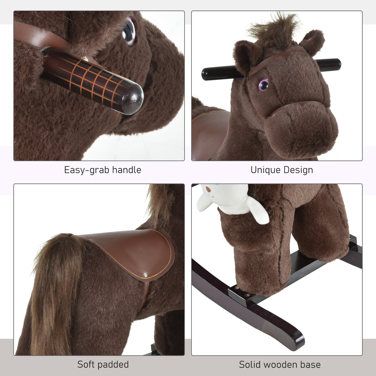 Kids Rocking Horse Plush Animal on Wooden Rockers with Sounds, Wooden Base and Bear Toy, Baby Rocking Chair, Brown
