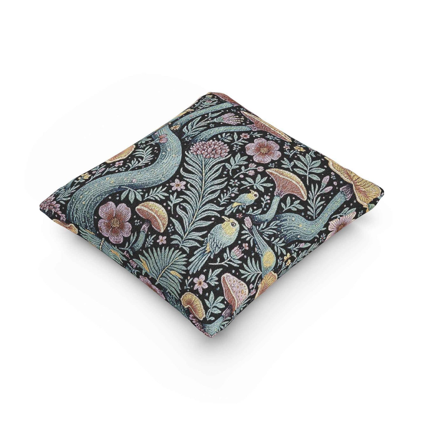 Mushroom and Fern Tapestry Pillow | Woven Decorative Throw Pillow