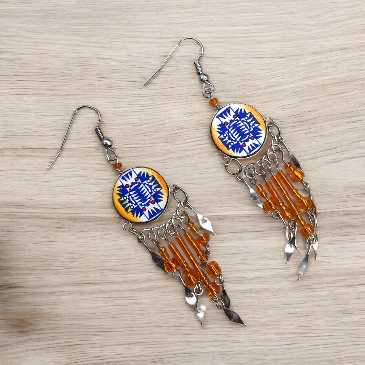 Orange and Blue Southwestern Round Shaped Dangle Earrings