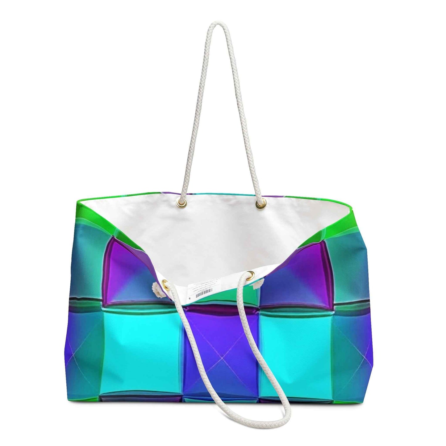 Teal Purple Geometric Pattern Weekender Bag | Colorful Cube Design, Large Tote Bag