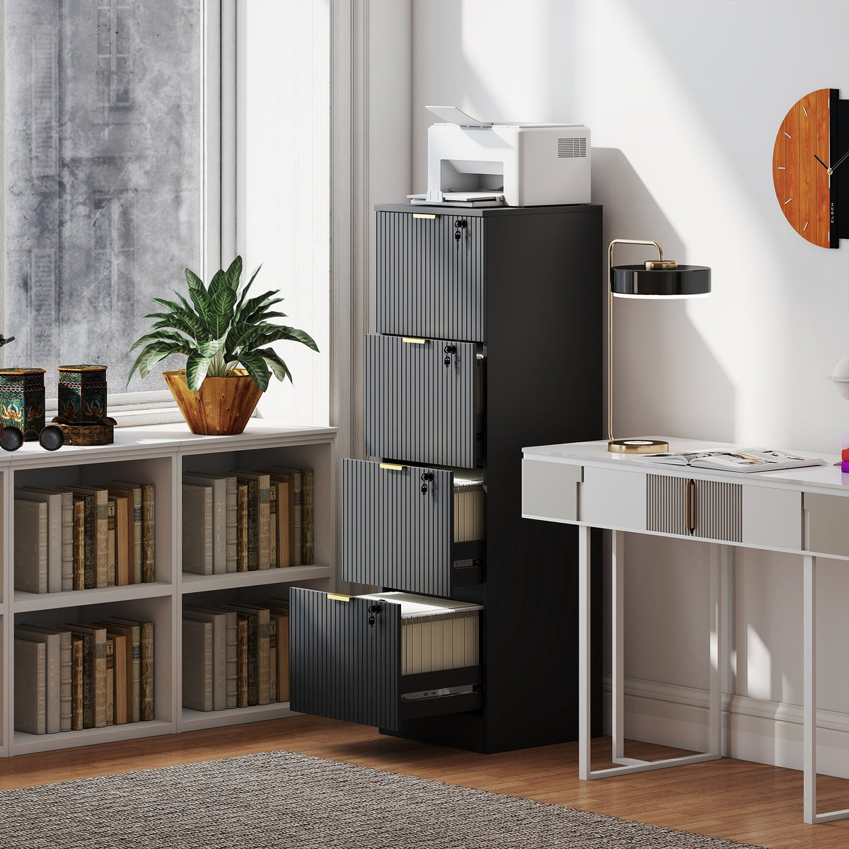 Lockable Filing Cabinet with 2 Fluted Drawers, File Cabinet with Adjustable Hanging Rails for A4 Letter Files, Black