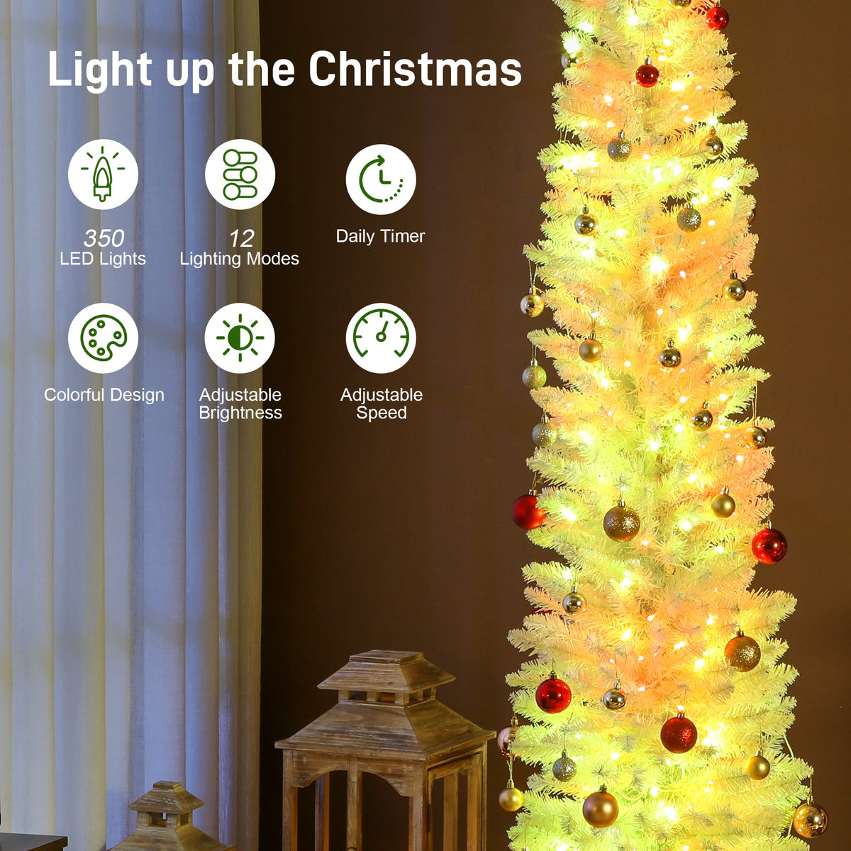 9ft Christmas Tree with Colourful DIY Synchronized LEDs, Hinged Pencil Xmas Tree with Remote, Daily Timer, Green