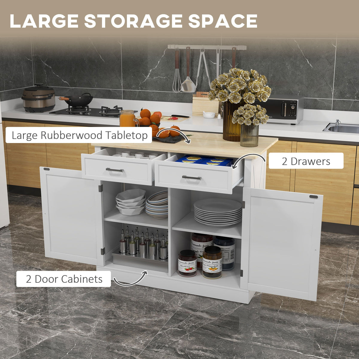 Kitchen Island with Drop Leaf, Rolling Kitchen Cart with 2 Drawers, Adjustable Shelves and Wood Countertop, Black