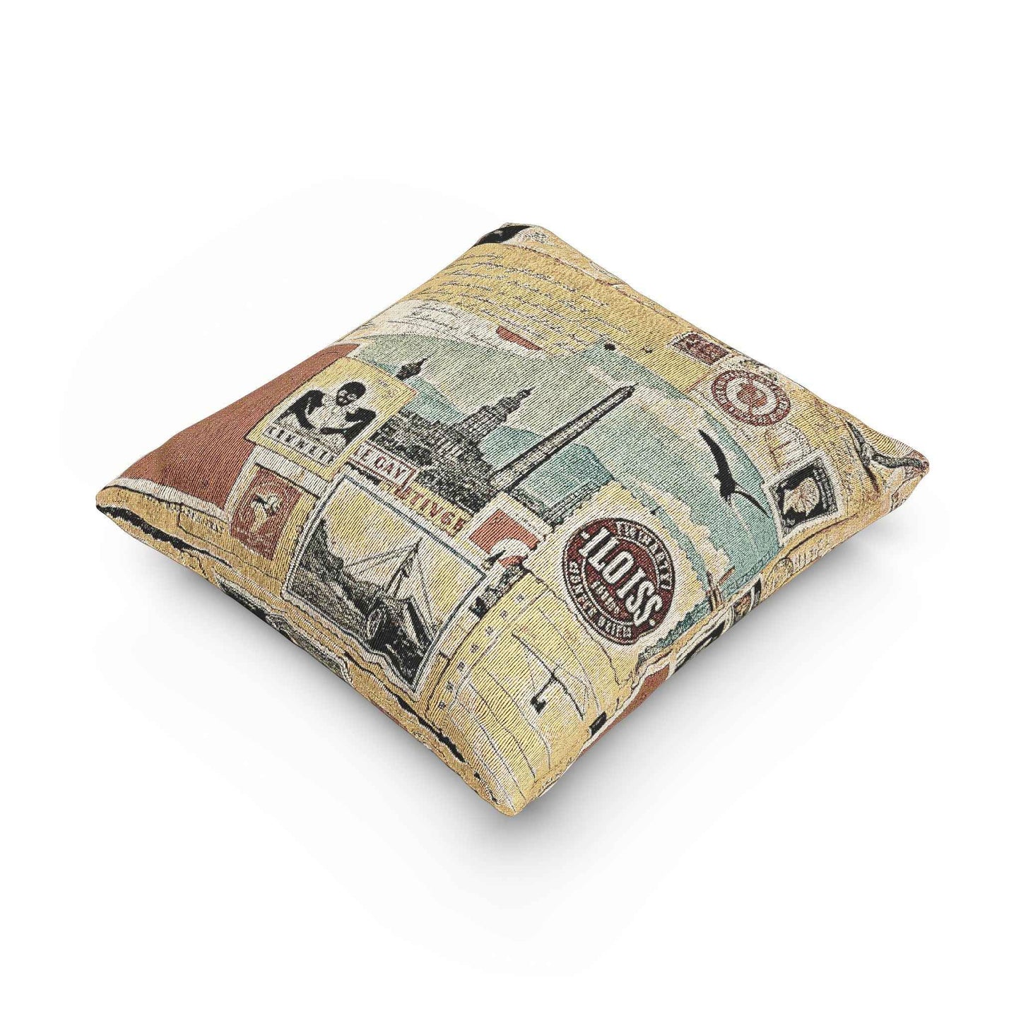 Vintage Travel Collage Woven Pillow | Cityscape Postcard Tapestry