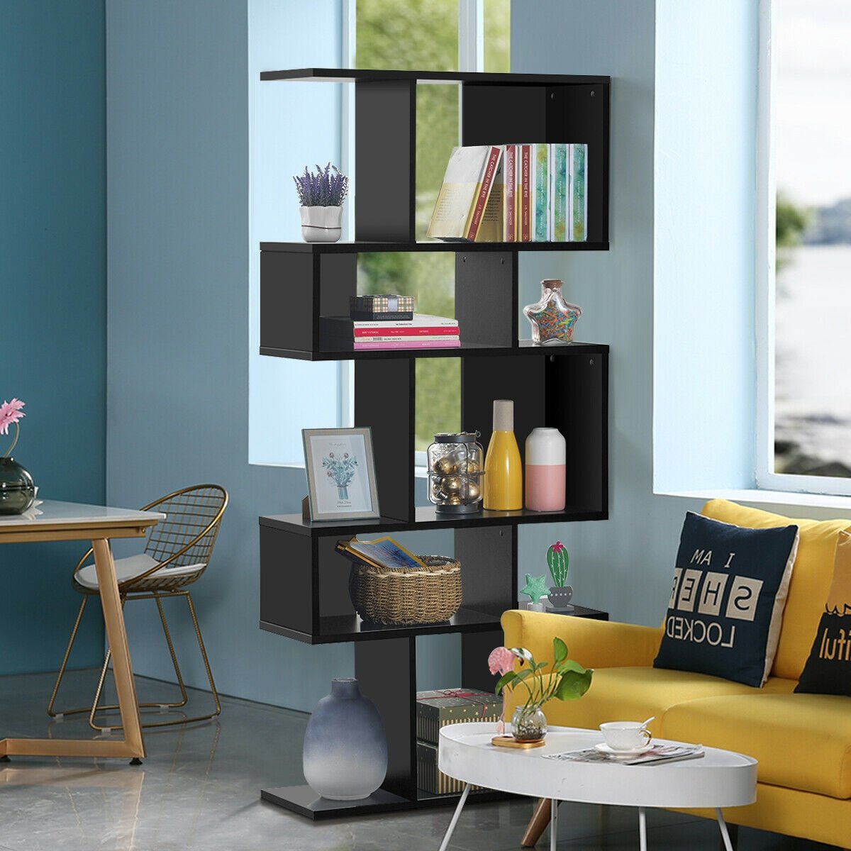 5 Cubes Ladder Shelf Corner Bookshelf Display Rack Bookcase-Black