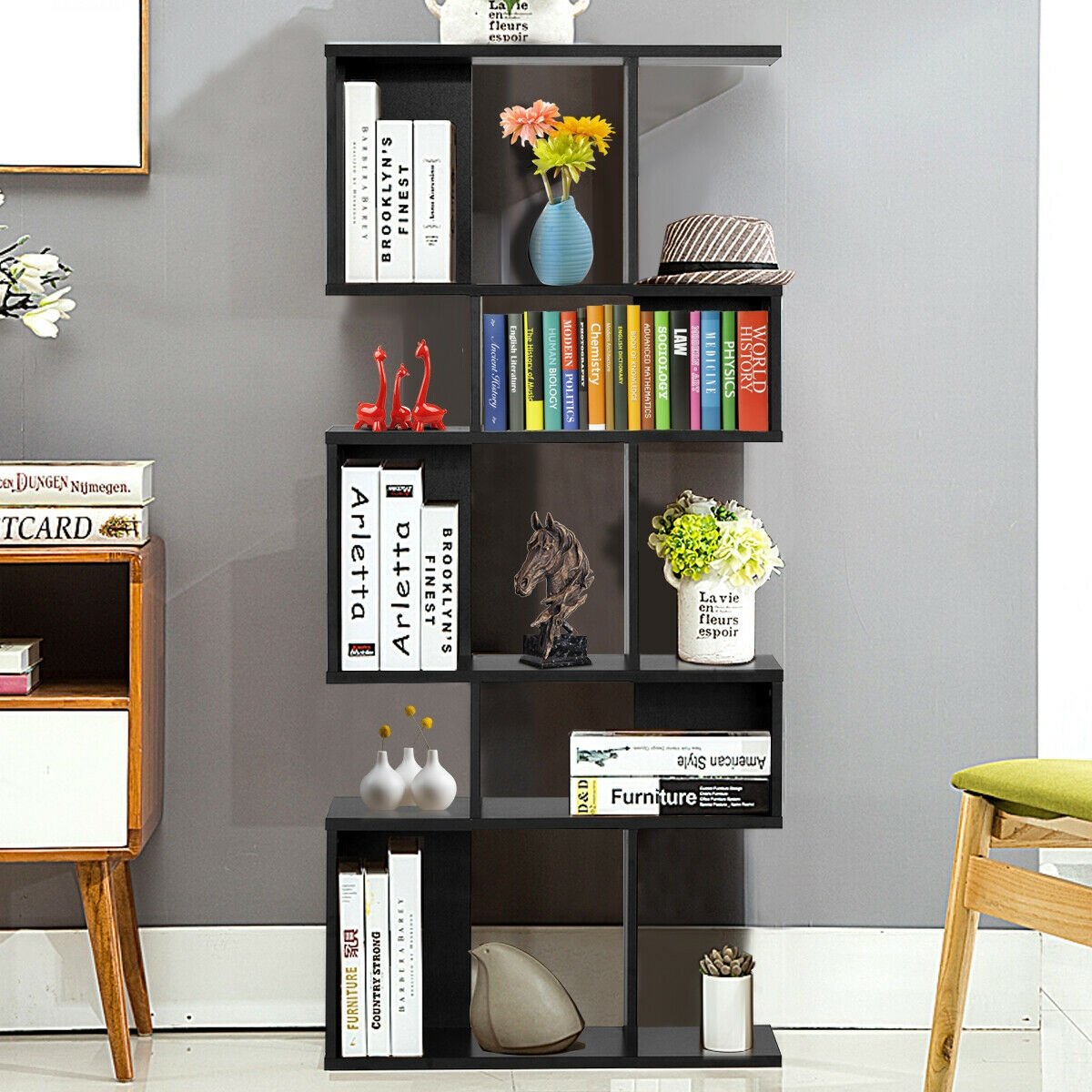 5 Cubes Ladder Shelf Corner Bookshelf Display Rack Bookcase-Black