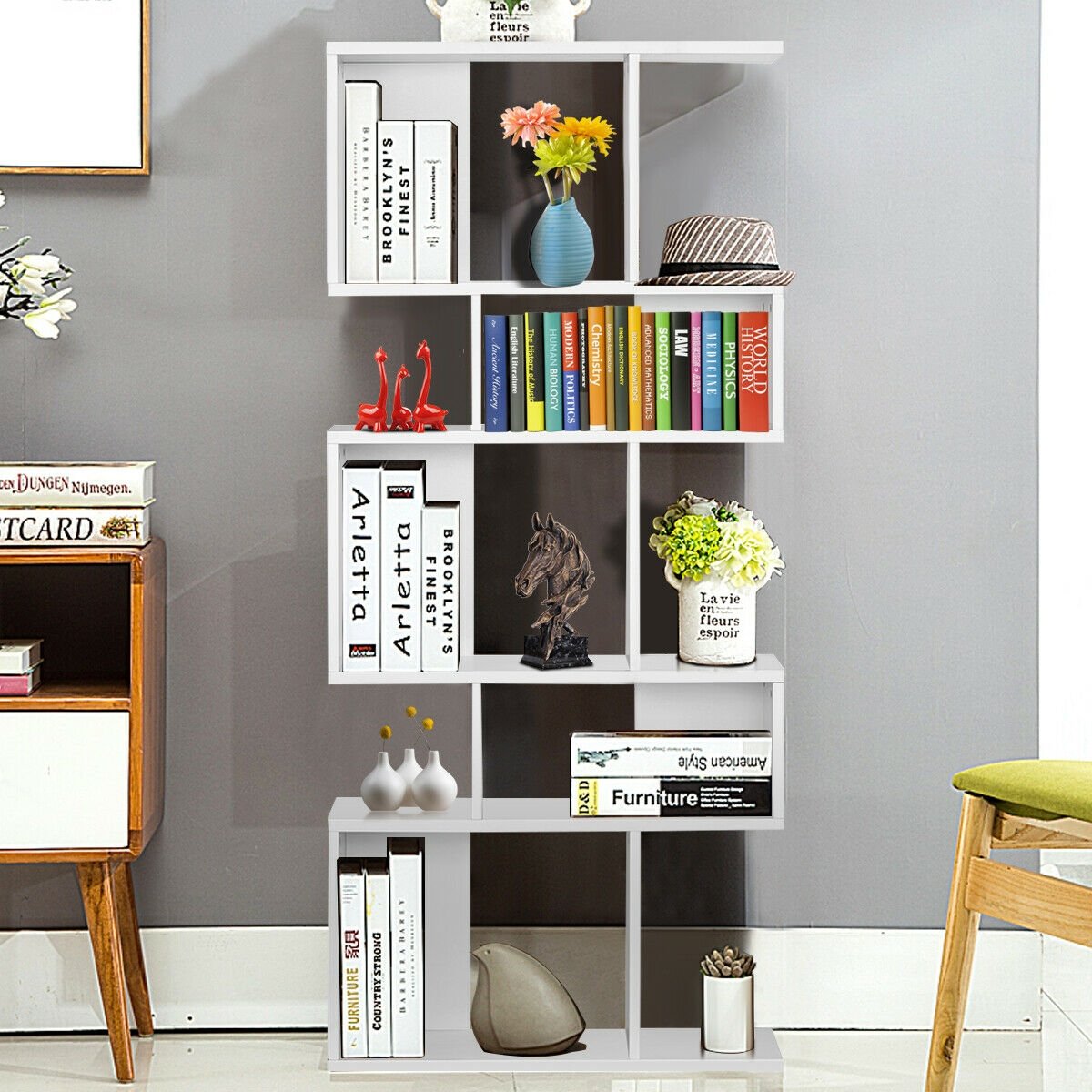 5 Cubes Ladder Shelf Corner Bookshelf Display Rack Bookcase-Black