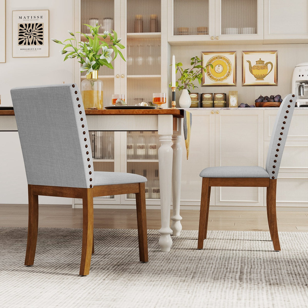 Set of 2 Upholstered Dining Chairs with Padded Seat for Living Room-Walnut