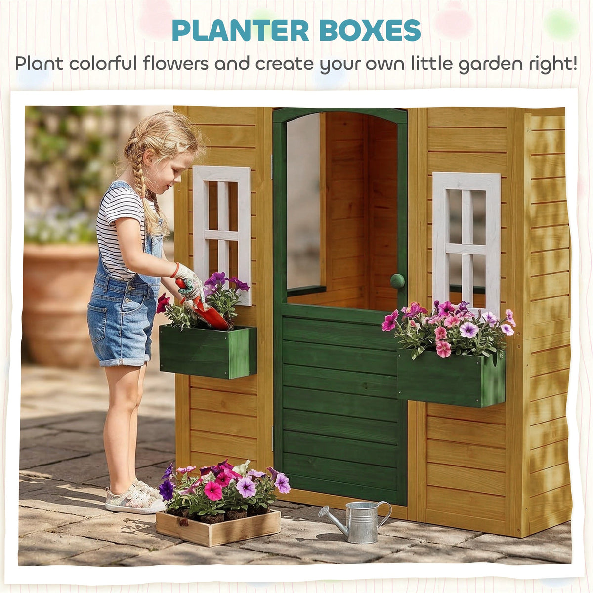 Outdoor Playhouse, Wooden Kids Playhouse with Door, 3 Windows, 2 Flower Boxes for Garden, Indoor Playroom, Ages 3–8