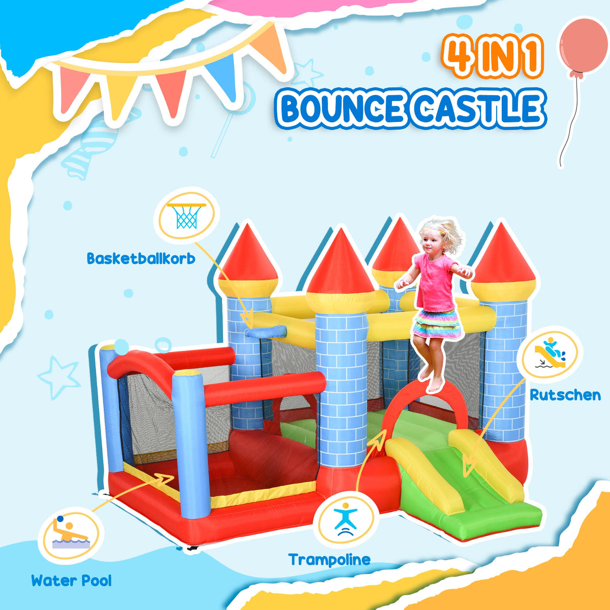 9.2 x 9.5FT Bounce House, 4 in 1 Inflatable Bouncy Castle for Kids With Trampoline, Slide, Water Pool, Basket, Blower