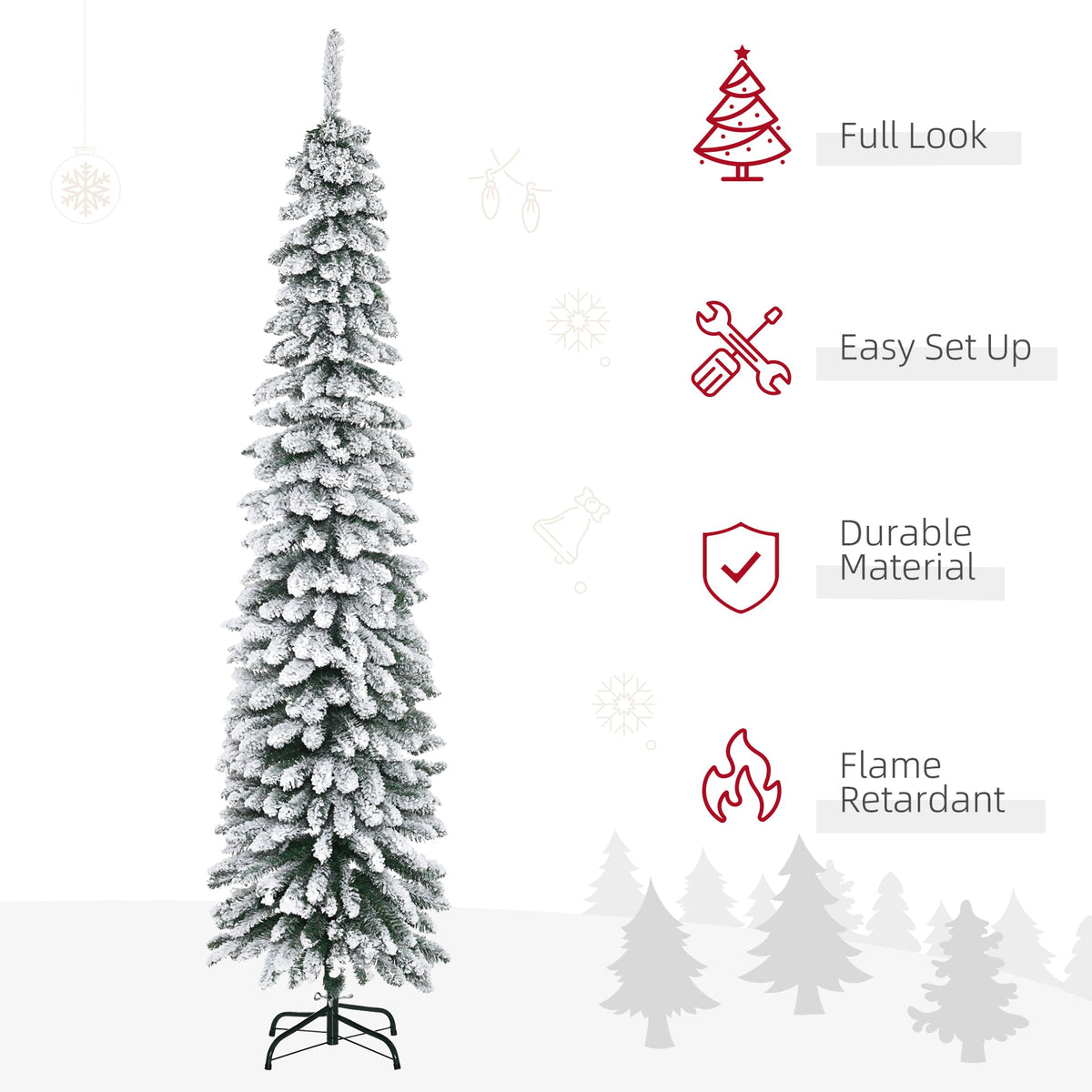 6 Ft Snow-Flocked Artificial Christmas Tree, Slim Pencil Xmas Tree with Realistic Branches, Metal Base, Green