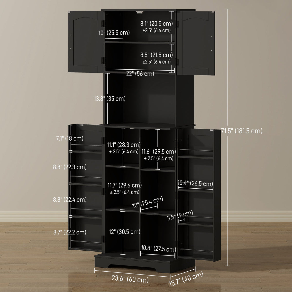 71.5" Tall Pantry Cabinet, Farmhouse Kitchen Storage Cabinet with Adjustable Shelves, 8 Door Spice Racks, Black
