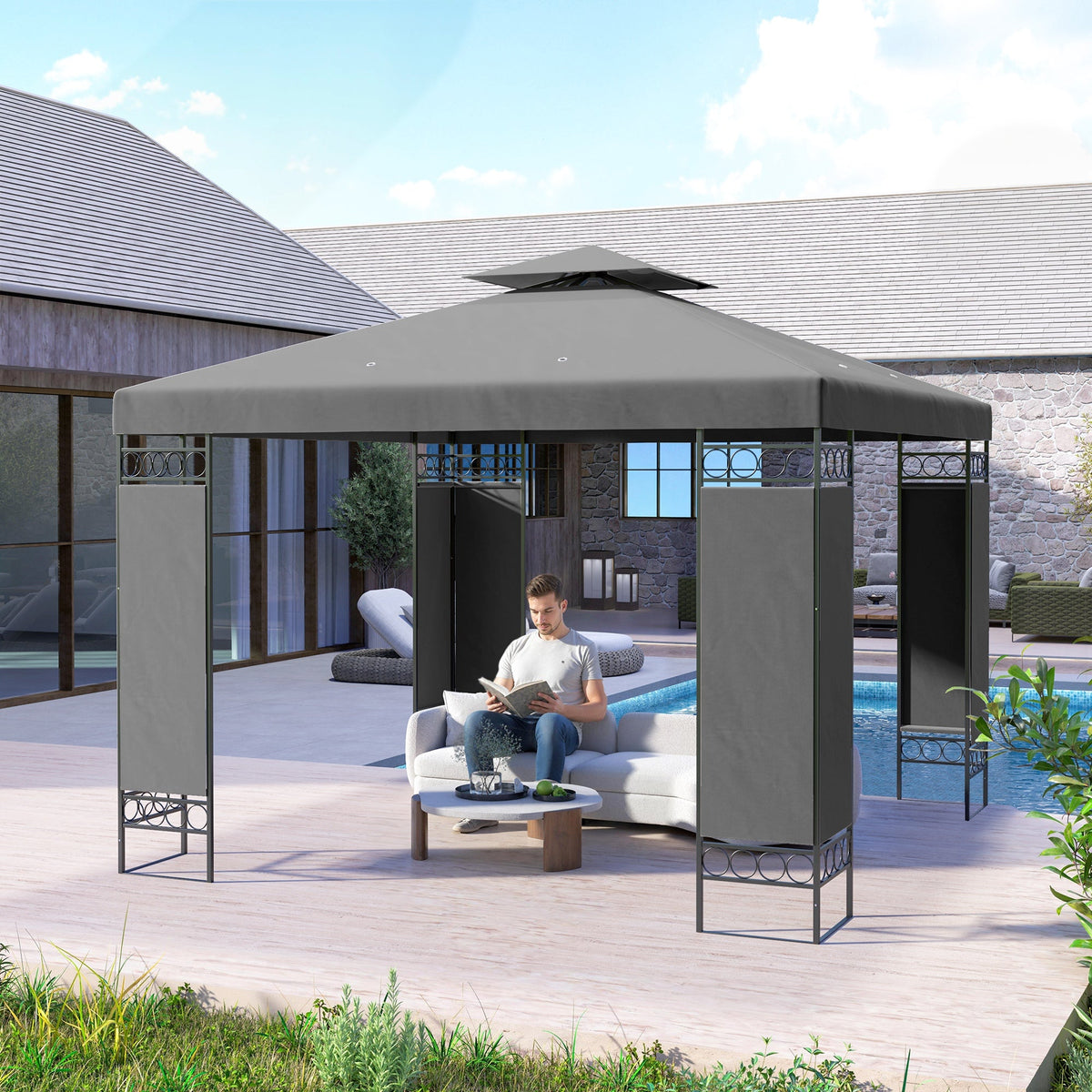 10 x 10 FT Canopy Gazebo, Double Roof Patio Gazebo with Screen Panels and Metal Frame for Deck, Backyard, Khaki