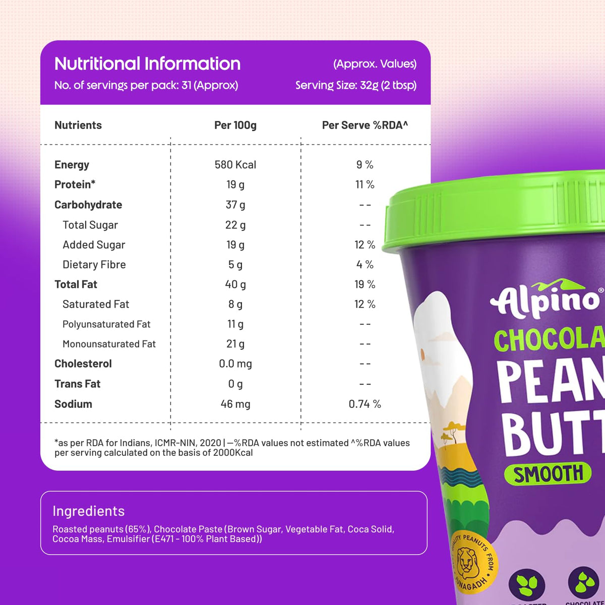 Chocolate Peanut Butter Smooth - Roasted Peanuts, Chocolate Paste & Brown Sugar - 19% Protein, Source of Healthy Fats