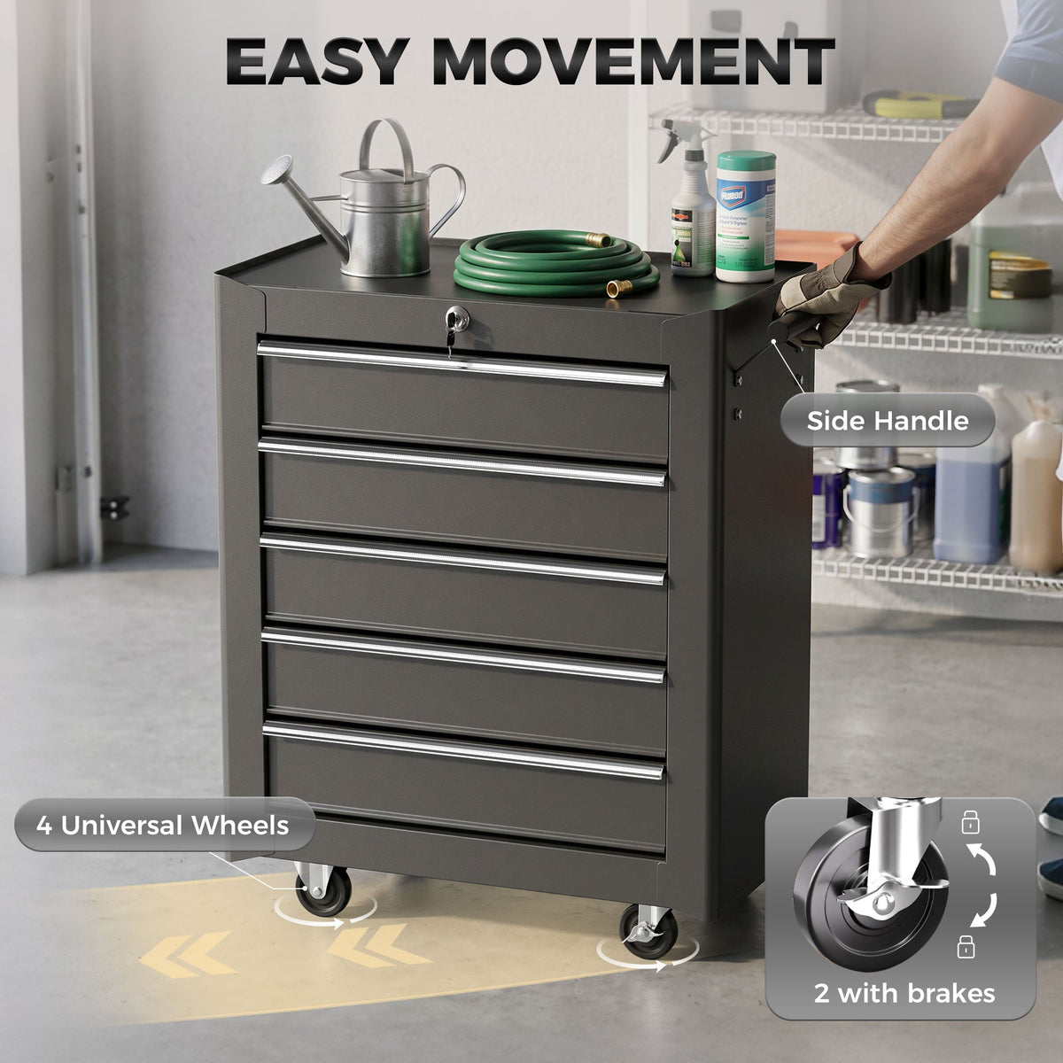 5 Drawer Roller Tool Chest, Lockable Toolbox, Storage Organizer with Handle for Workshop Mechanics Garage, Black and Red