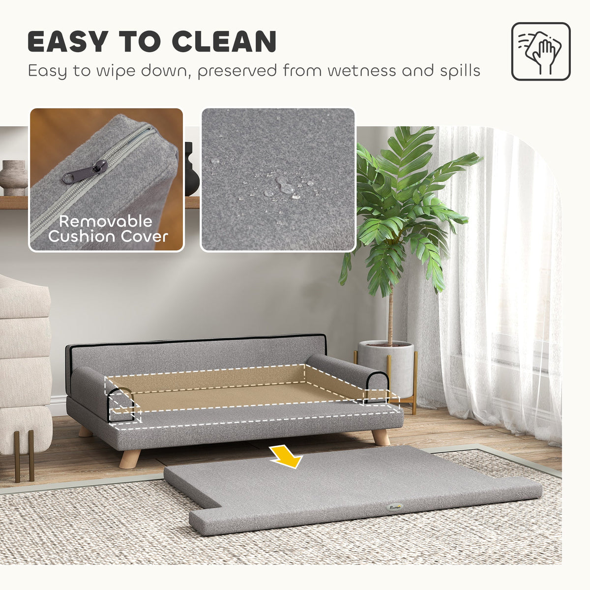 Elevated Dog Sofa Bed, Cat Couch with Cushion, Washable Cover, Wooden Legs, for Medium & Large Dogs, Dark Grey