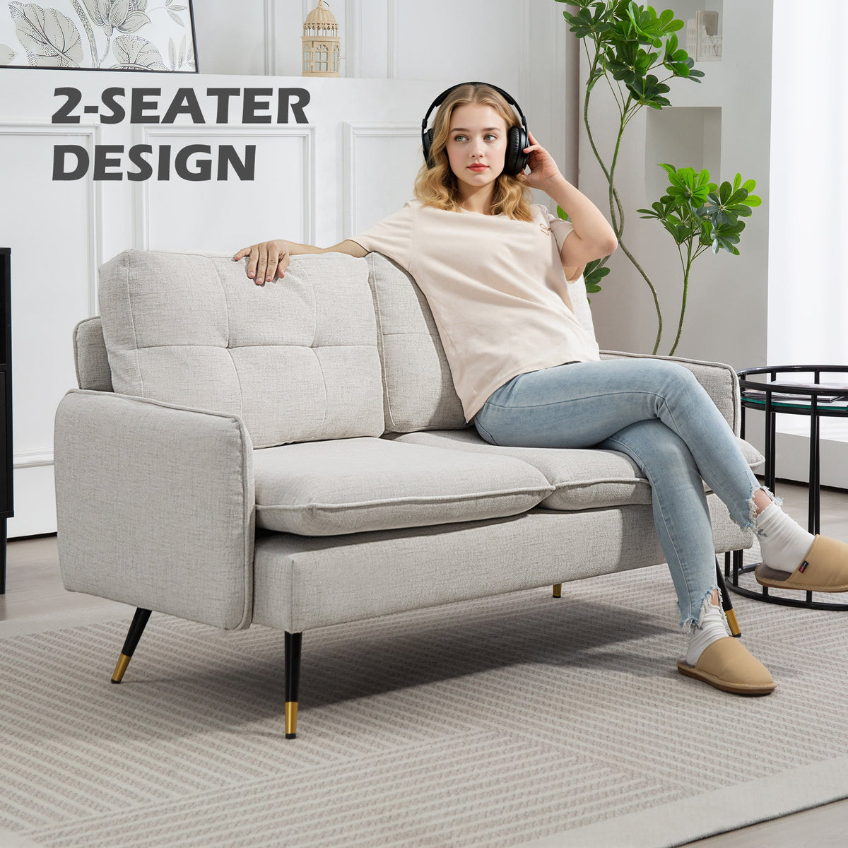 55" Loveseat Sofa, Linen Love Seat w/ S spring, Steel Legs and Button Tufting, Small Couch for Living Room, Dark Grey