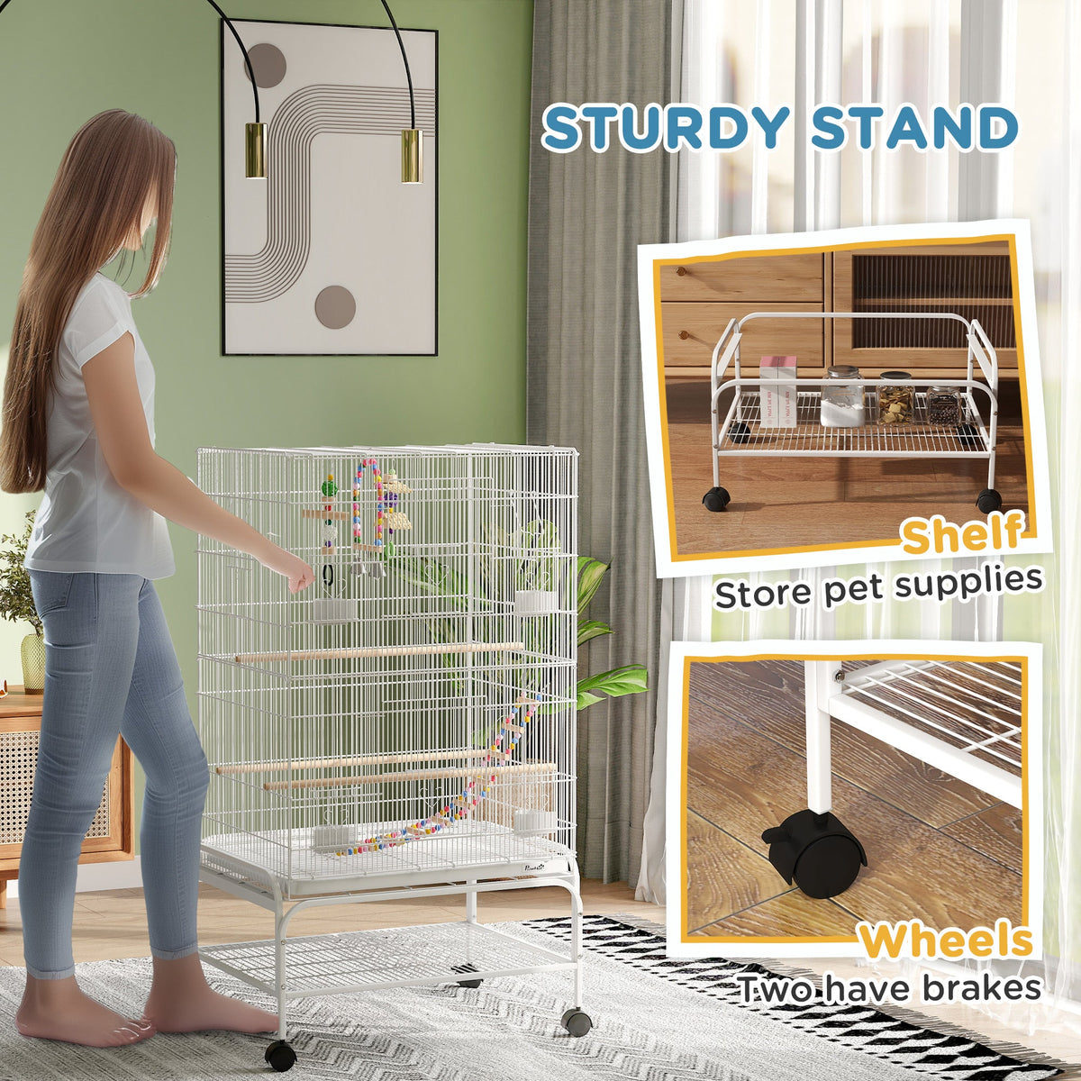 52" Bird Cage with Rolling Stand, Toys, for Budgies Canaries Black