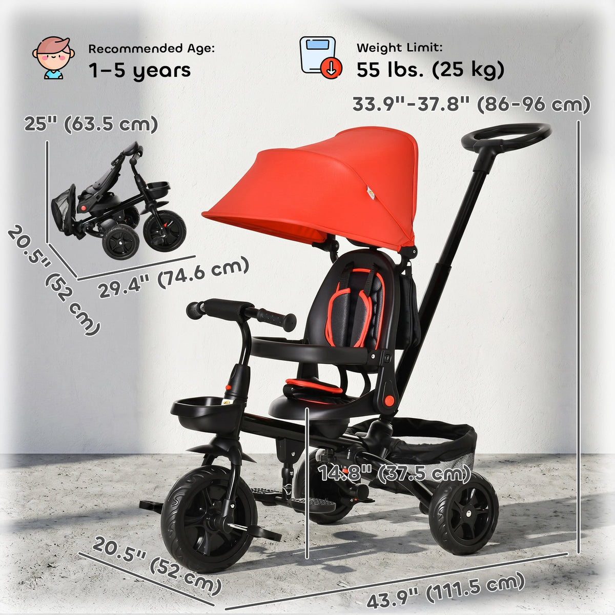 Tricycle for Toddler 5 in 1 Kids Trike, Foldable Converts Stroller to Toddler Bike, Adjustable Backrest & Curved Canopy, Detachable Guardrail & Handle for 1-5 Years Old, Black
