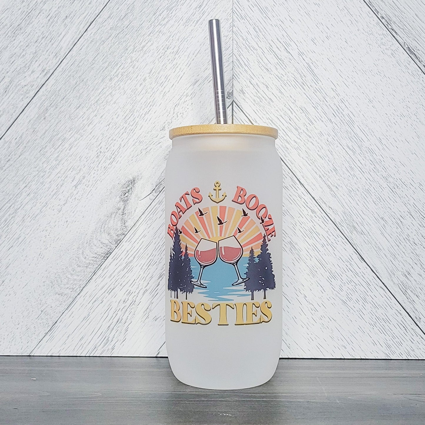 Boats, Booze, Besties Glass Can with Bamboo Lid
