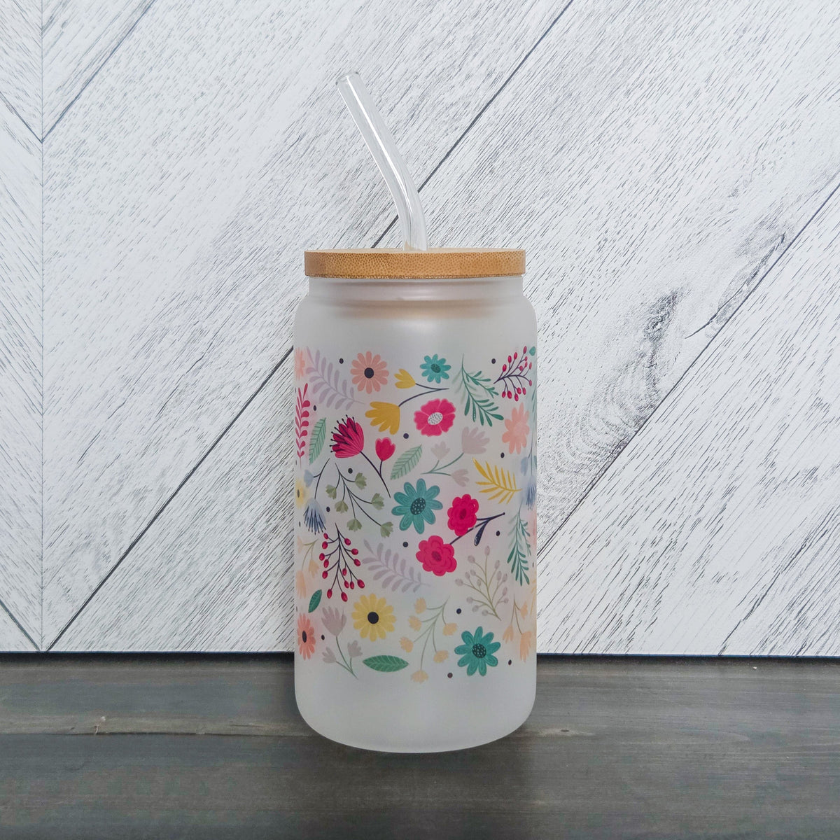 Spring Vibes Flower Frosted Can with Bamboo Lid